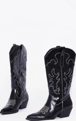 Black Pu Point Toe Low Block Heel Stitched Western Boots