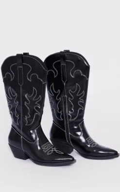 Black Pu Point Toe Low Block Heel Stitched Western Boots