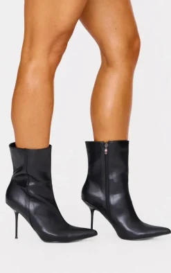 Black Pu Point Toe Mid Heeled Ankle Boots