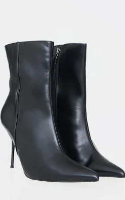 Black Pu Point Toe Mid Heeled Ankle Boots