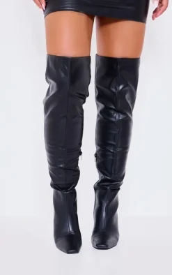 Black PU Point Toe Over The Knee Heeled Boots