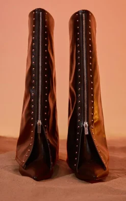Black PU Point Toe Silver Stud Fold Over High Stiletto Heeled Boots