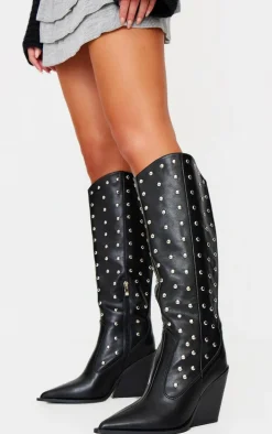 Black PU Point Toe Silver Stud Knee High Block Heel Western Boots
