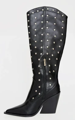 Black PU Point Toe Silver Stud Knee High Block Heel Western Boots