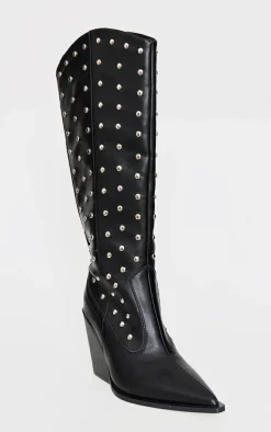 Black PU Point Toe Silver Stud Knee High Block Heel Western Boots