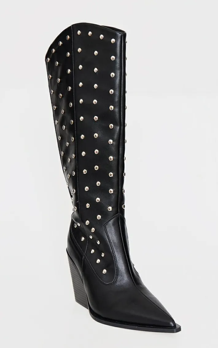 Black PU Point Toe Silver Stud Knee High Block Heel Western Boots