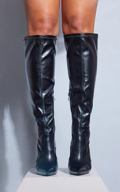 Black Pu Point Toe Stiletto Over The Knee Heeled Boots