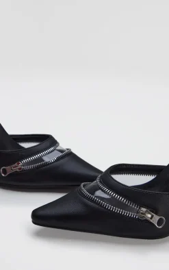 Black Pu Point Toe Zip Vinyl Detail High Stiletto Heeled Mules