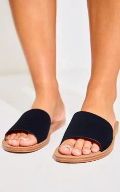 Black Pu Round Toe Basic Mule Flat Sandals