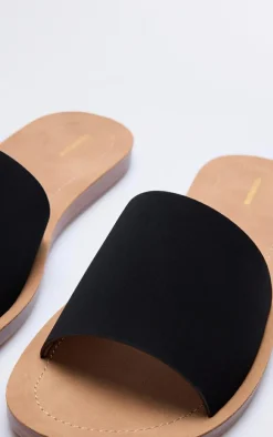 Black Pu Round Toe Basic Mule Flat Sandals