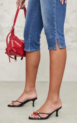 Black PU Round Toe Cherry Trim Heeled Mules