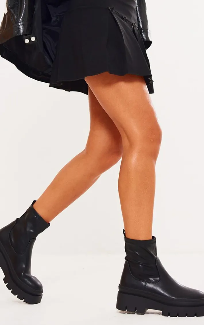 Black PU Round Toe Chunky Platform Sock Ankle Boots