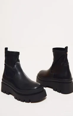 Black PU Round Toe Chunky Platform Sock Ankle Boots
