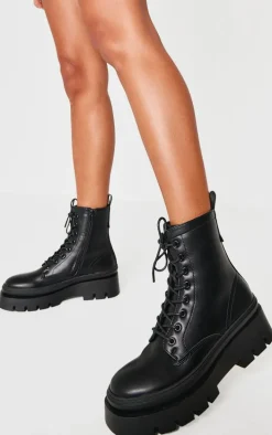 Black PU Round Toe Chunky Sole Biker Boots