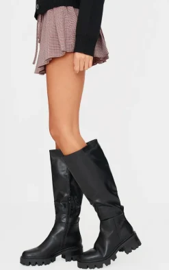 Black Pu Round Toe Chunky Sole Knee High Boots