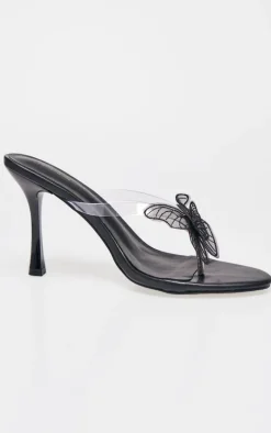 Black PU Round Toe Clear Strap Butterfly Heeled Mules