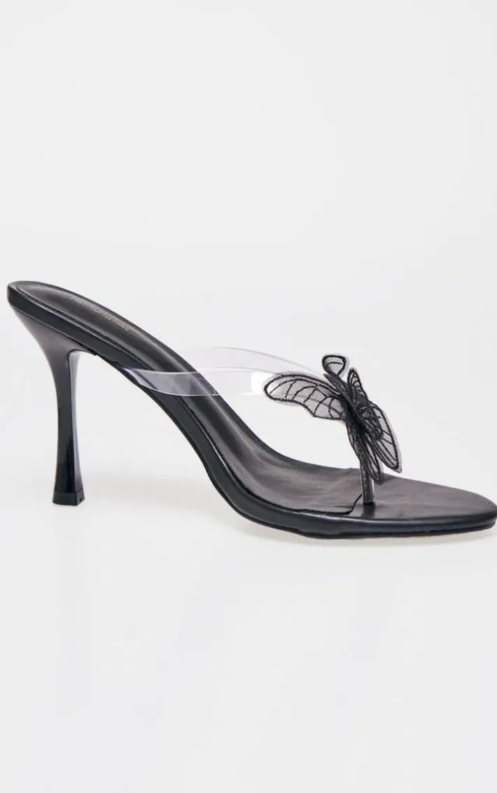 Black PU Round Toe Clear Strap Butterfly Heeled Mules