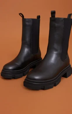 Black PU Round Toe Cleated Chunky Sole Ankle Boots