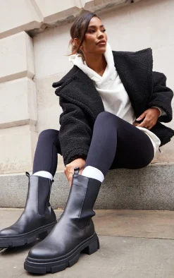 Black PU Round Toe Cleated Chunky Sole Ankle Boots