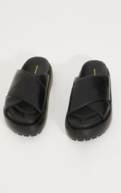 Black PU Round Toe Cross Strap Chunky Platform Sandals