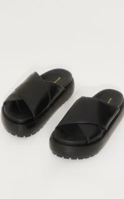 Black PU Round Toe Cross Strap Chunky Platform Sandals