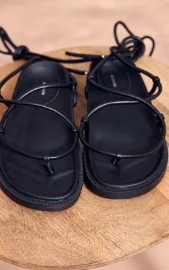 Black PU Round Toe Crossover Strap Lace Up Chunky Sandals