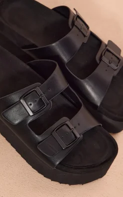 Black PU Round Toe Double Buckle Strap Chunky Flat Sandals