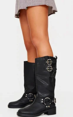 Black PU Round Toe Double Buckle Knee High Boots