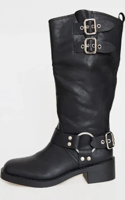 Black PU Round Toe Double Buckle Knee High Boots