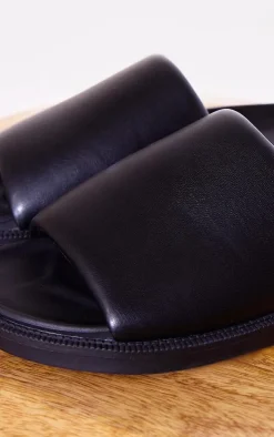 Black PU Round Toe Footbed Flat Sandals