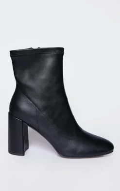 Black PU Round Toe Heeled Ankle Sock Boots