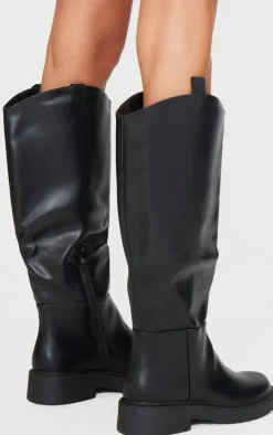 Black Pu Round Toe Knee High Flat Boots