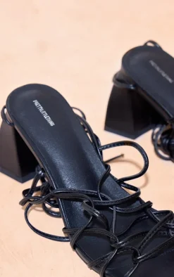 Black PU Round Toe Lace Up Strappy Block Heeled Sandals