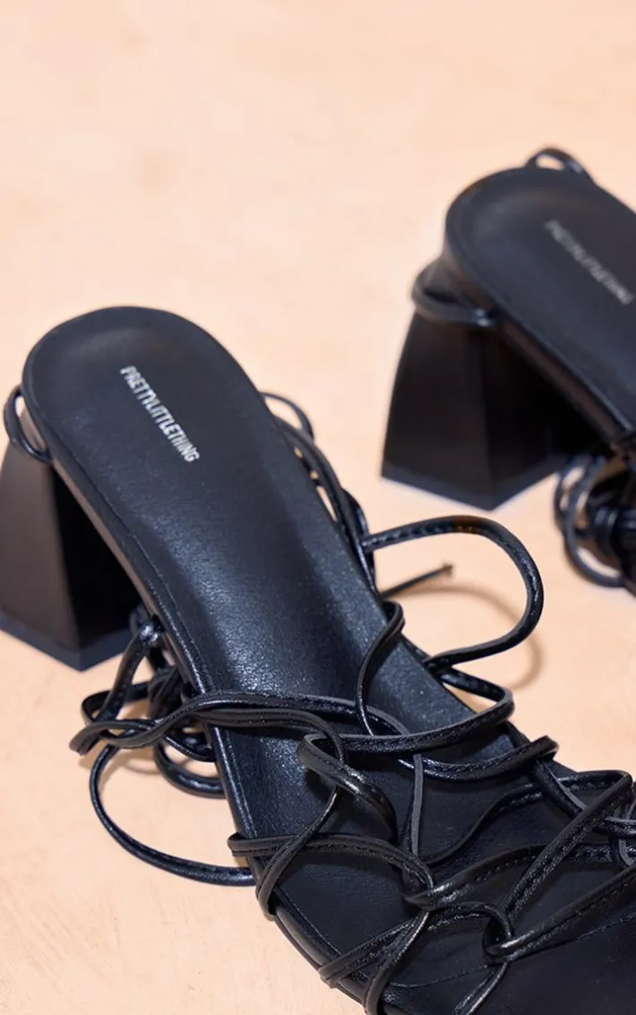 Black PU Round Toe Lace Up Strappy Block Heeled Sandals