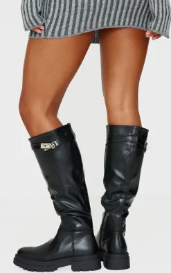 Black PU Round Toe Lock Charm Knee High Boots