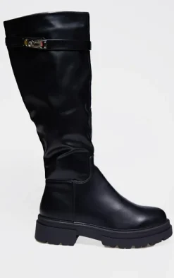 Black PU Round Toe Lock Charm Knee High Boots