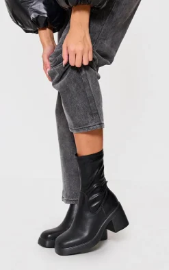Black PU Round Toe Low Block Heeled Sock Boots