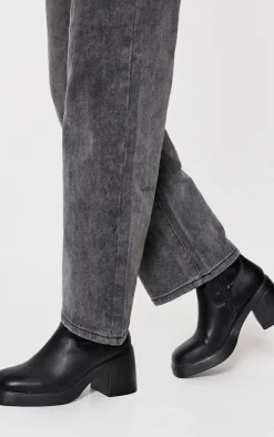 Black PU Round Toe Low Block Heeled Sock Boots