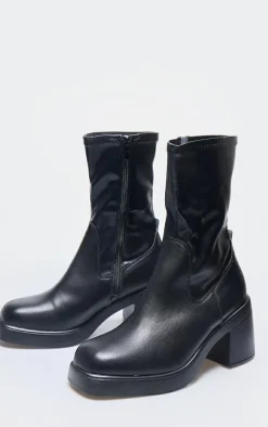 Black PU Round Toe Low Block Heeled Sock Boots