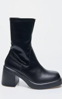 Black PU Round Toe Low Block Heeled Sock Boots