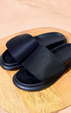 Black PU Round Toe Padded Velcro Strap Flat Sandals