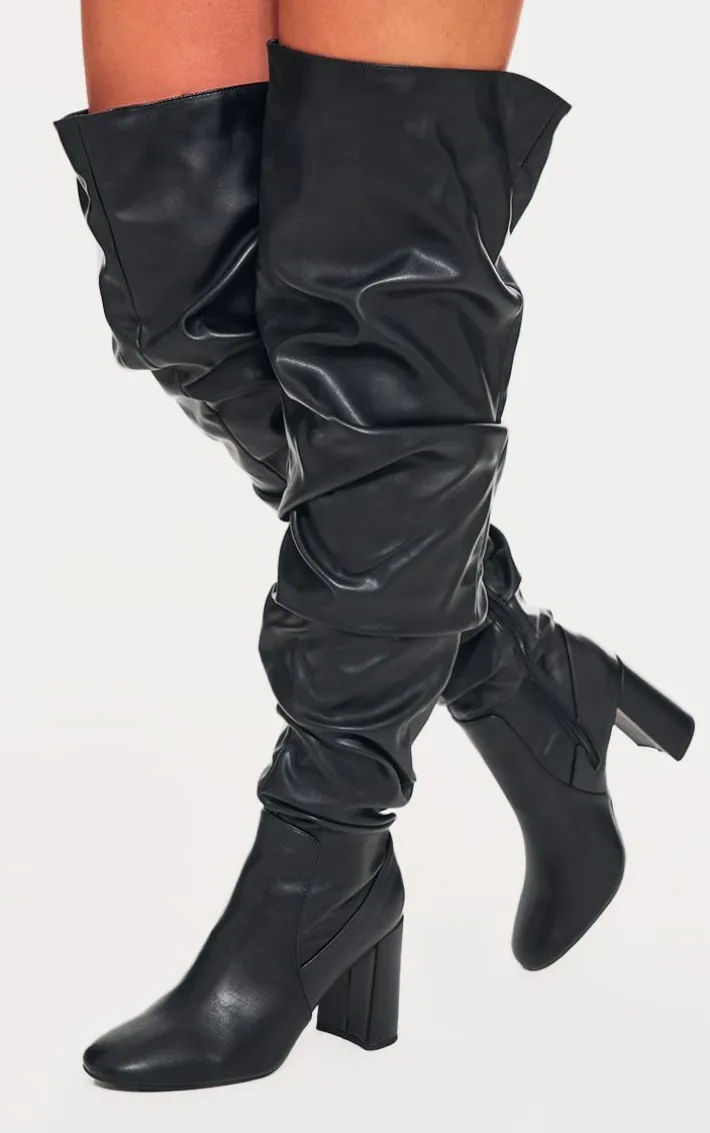 Black Pu Round Toe Ruched Over The Knee Block Heeled Boots