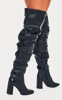 Black Pu Round Toe Ruched Over The Knee Block Heeled Boots