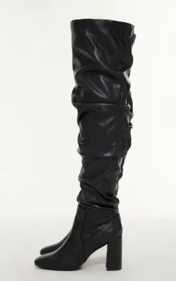 Black Pu Round Toe Ruched Over The Knee Block Heeled Boots