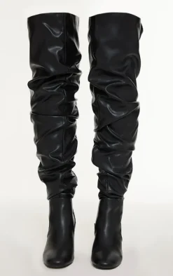 Black Pu Round Toe Ruched Over The Knee Block Heeled Boots