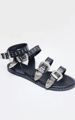 Black PU Round Toe Studded Buckle Detail Gladiator Sandals