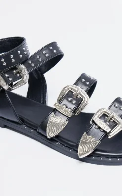 Black PU Round Toe Studded Buckle Detail Gladiator Sandals