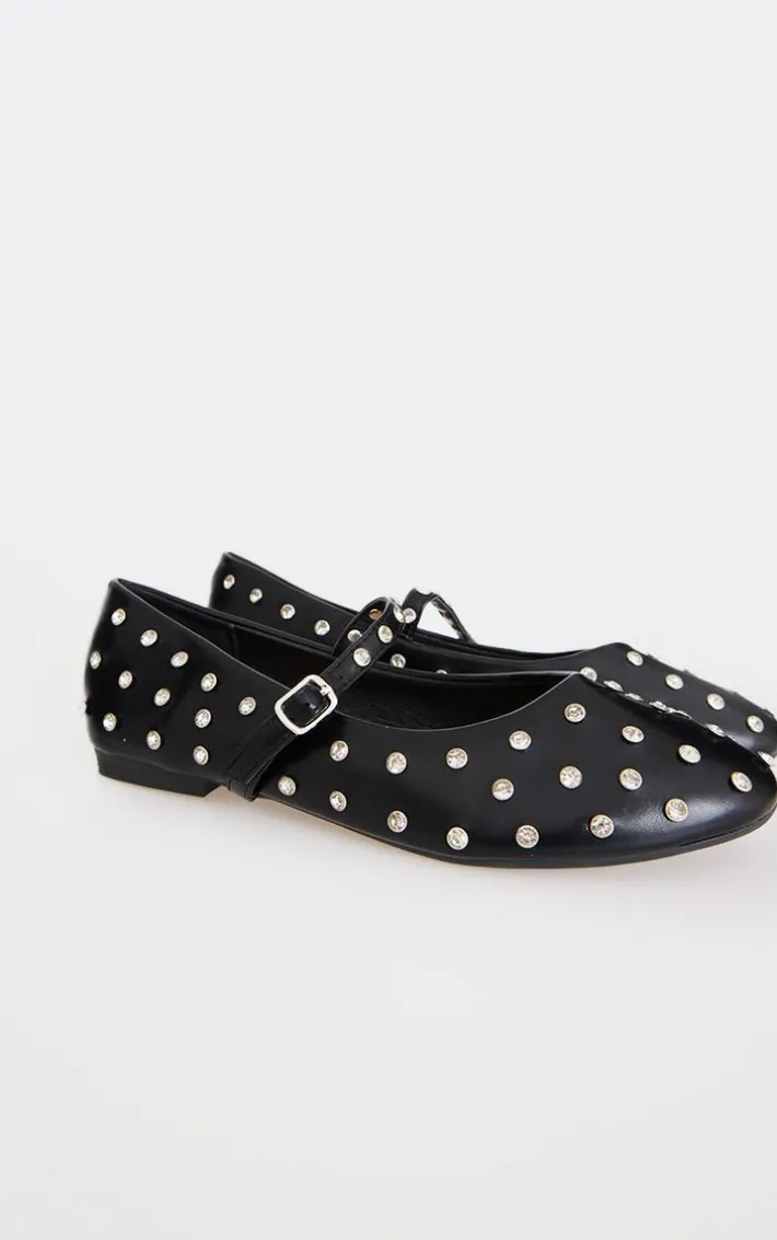 Black Pu Round Toe Studded Ballet Flats