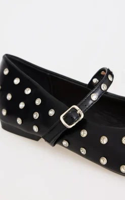 Black Pu Round Toe Studded Ballet Flats