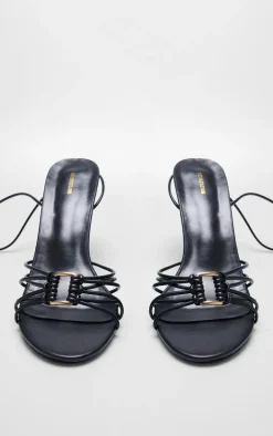 Black Pu Silver Buckle Round Toe Lace Up Heeled Sandals